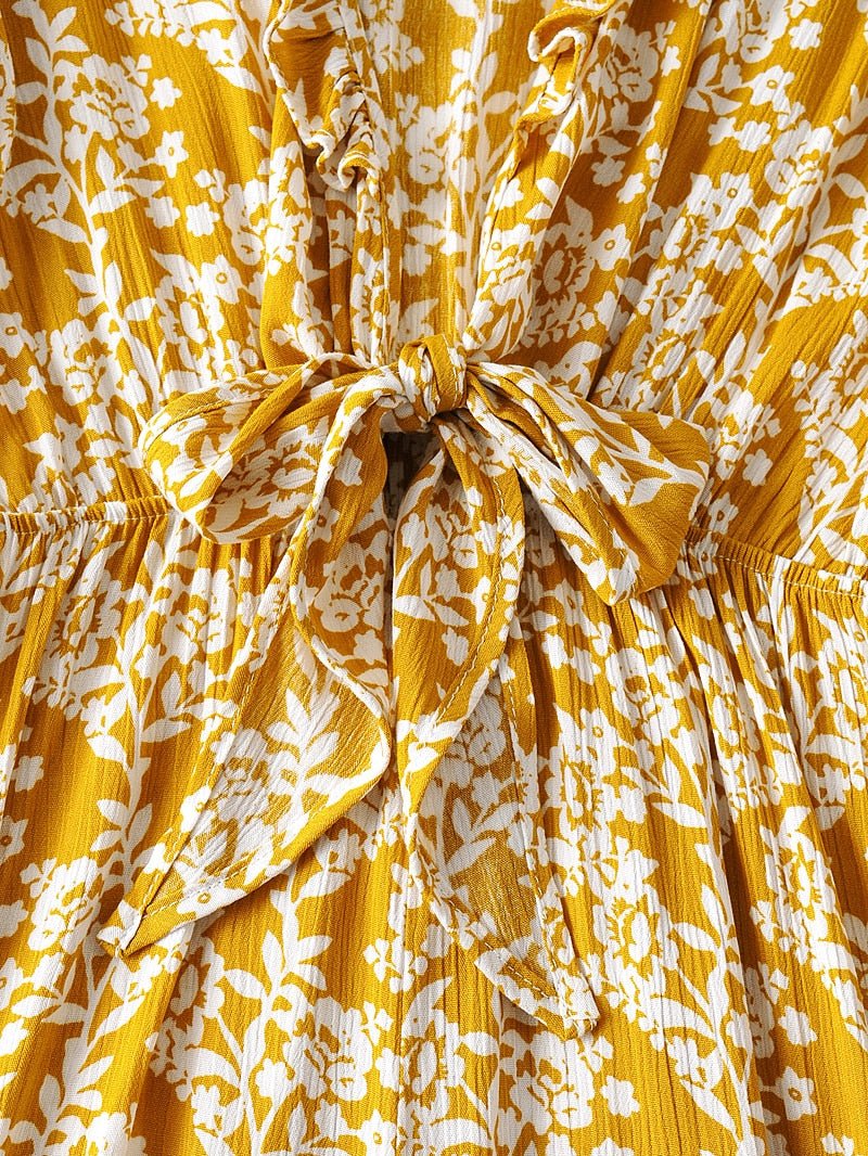 Women's Full Length Yellow Floral Printed Boho Jumpsuit | Short Sleeve + V-neck | S-L