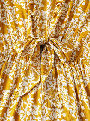 Women's Full Length Yellow Floral Printed Boho Jumpsuit | Short Sleeve + V-neck | S-L