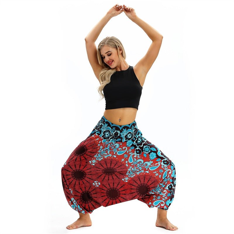 Hippie Boho Loose Yoga Harem Pants | Flowers & Swirls Design | One Size