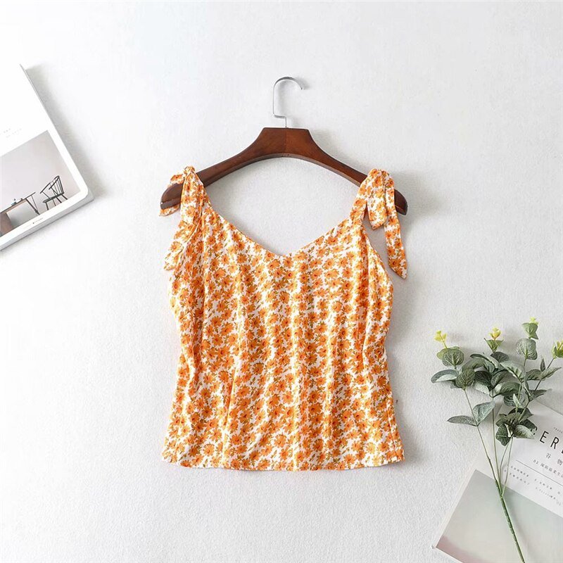 Women's Orange Floral Two Piece Suit | Sleeveless Top + Mini Skirts | S-L