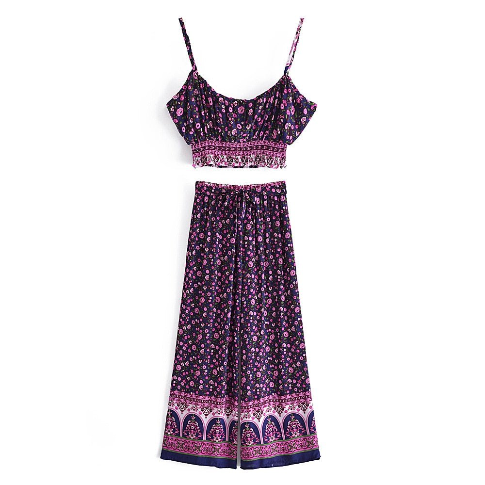 Women's Purple Boho Two Piece Outfit | Sleeveless Top + Bohemian Pants | S-L