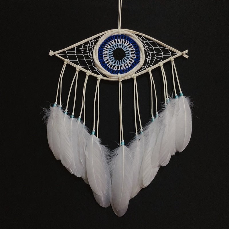 Mini White Evil Eye Bohemian Styled Dream Catcher With White Feathers
