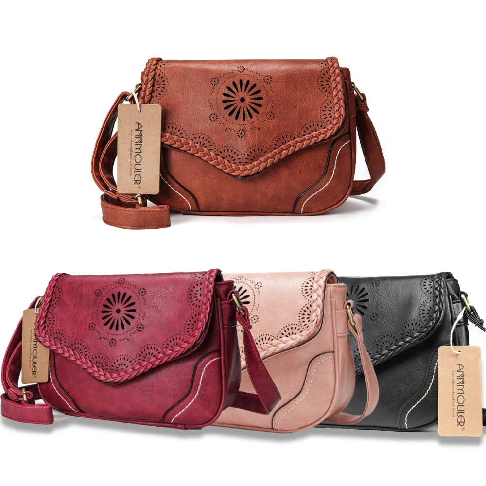 Leather Crossbody Bag With Hippie Styled Flower