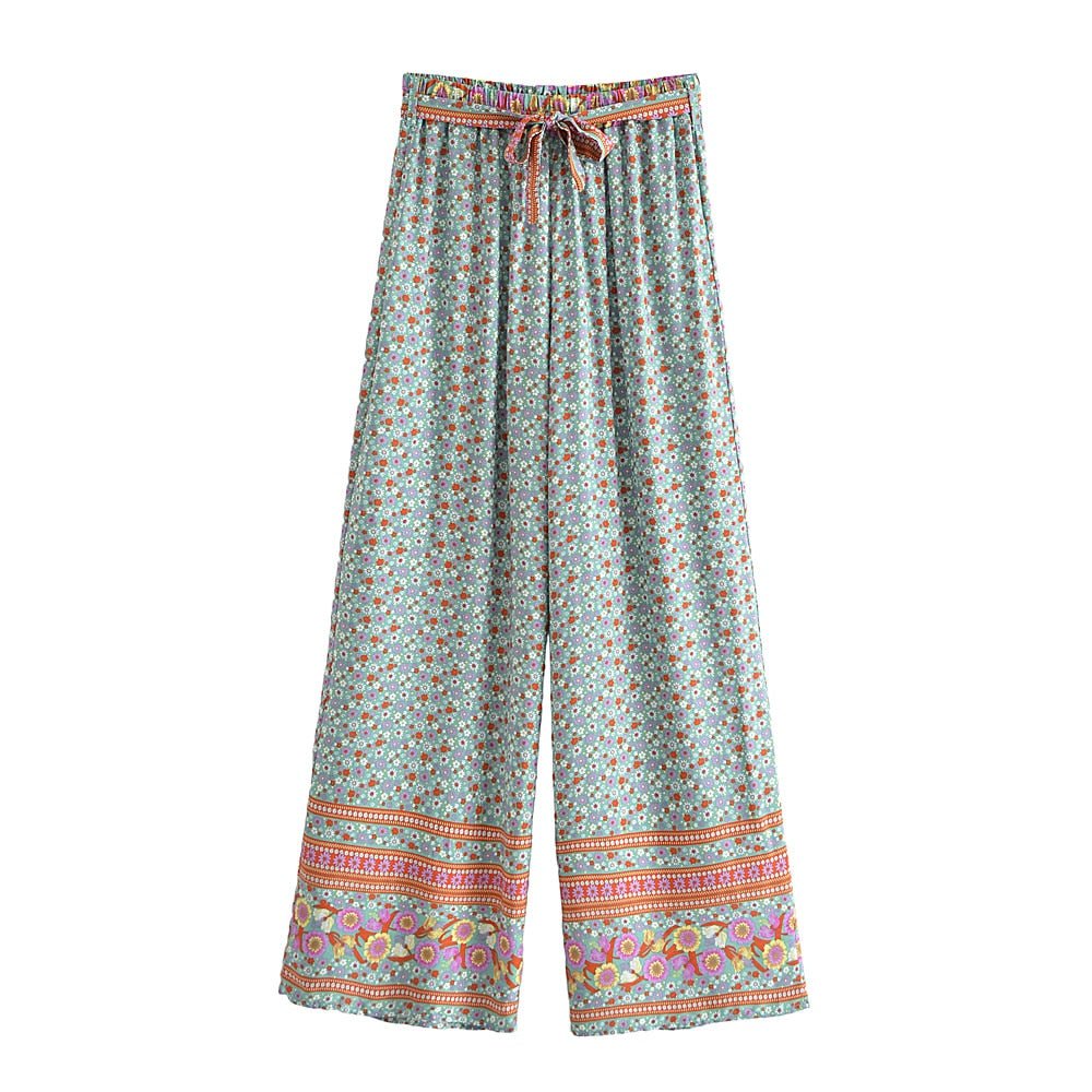 Women's Green Floral Bohemian Two Piece Outfit | Sleeveless Top + Loose Pants | S-L