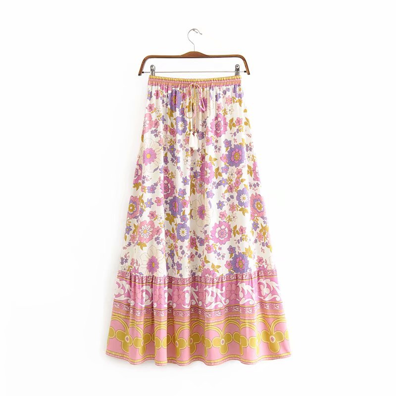 Women's Pink Floral Boho Two Piece Outfit | Ruffles Long Sleeve Top + Waist Skirts | S-L