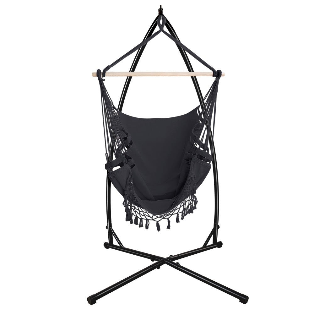 Gardeon Outdoor Hammock Chair with Steel Stand Tassel Hanging Rope Hammock Grey