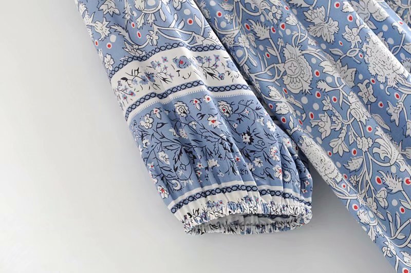 Light Blue Floral Vintage Styled Dress | Tassels + V-Neck | S-L