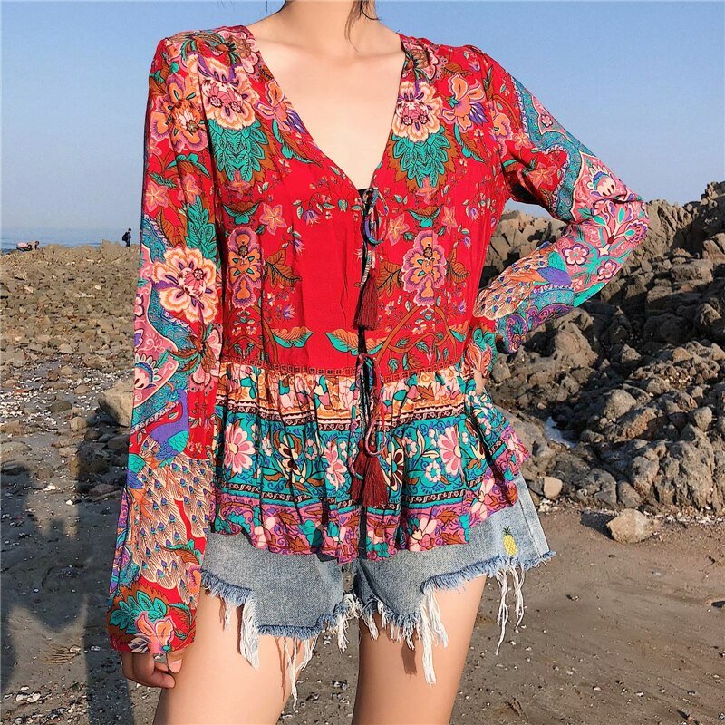 Vintage Free Flowing Bohemian Lace Up Blouse | Deep N-Neck + Long Sleeve | S-L