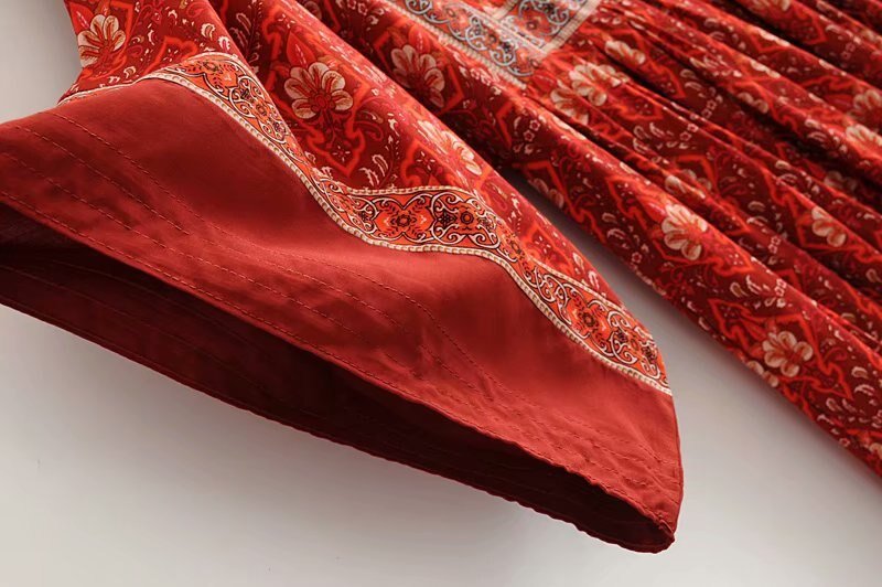 Women's Red Floral Bohemian Mini Dress | O-Neck + Batwing Sleeves | S-L