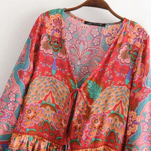 Vintage Free Flowing Bohemian Lace Up Blouse | Deep N-Neck + Long Sleeve | S-L
