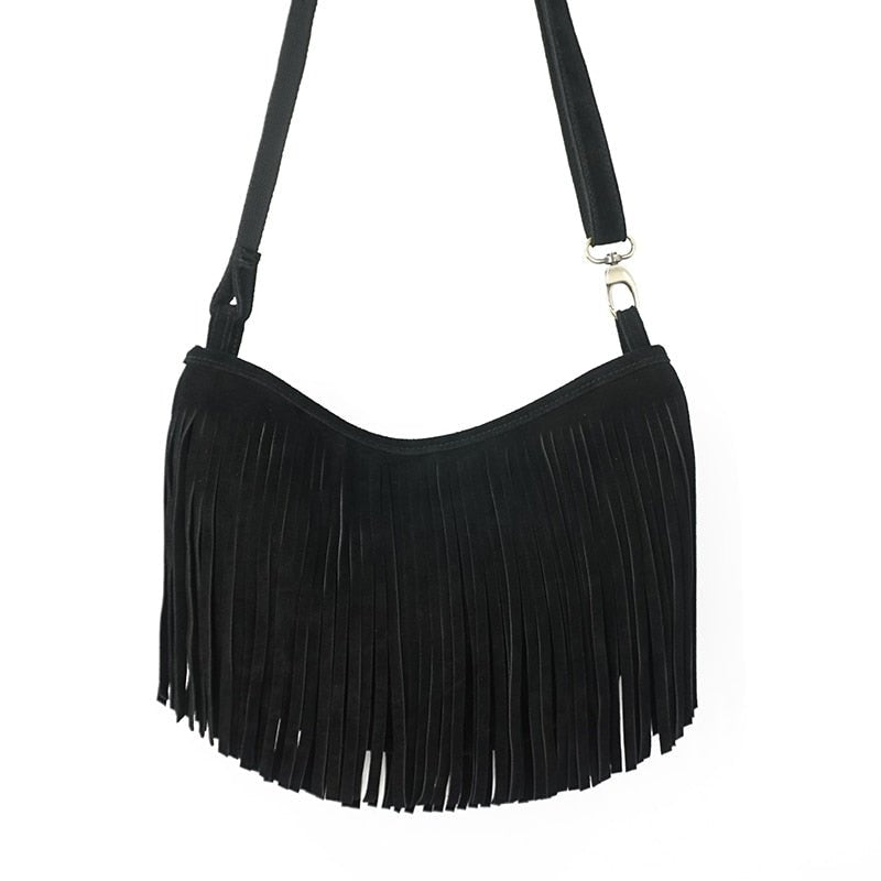 Women's Genuine Leather Long Fringe Shoulder Bag With Tassels