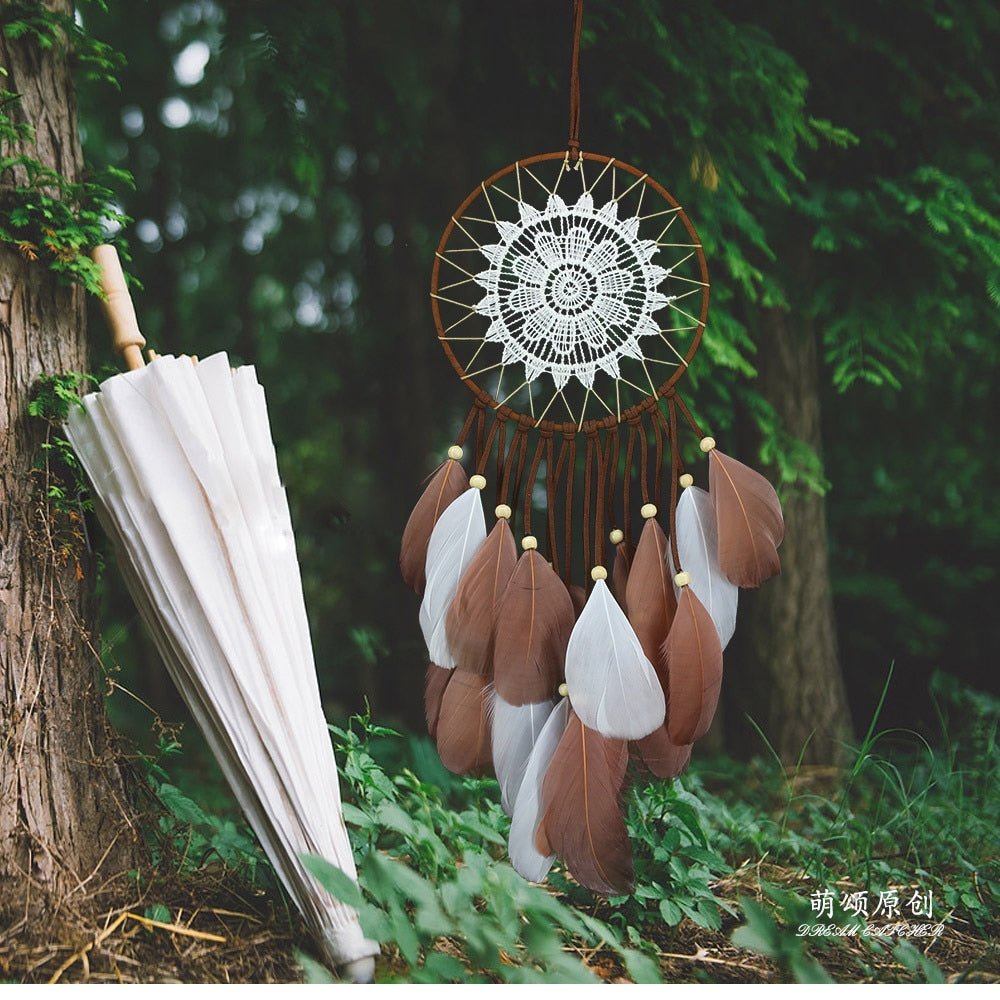 Boho Lace Dream Catcher | White & Brown | 20cm Ring