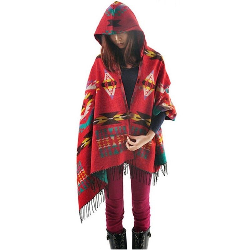 Winter Styled Blanket Poncho With Tassels | Aztec Print | Free Size