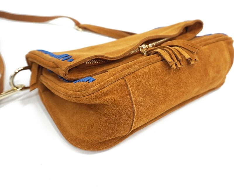 Genuine Leather Nubuck Loop Fringed Side Shoulder Bag - 2 Colours Available