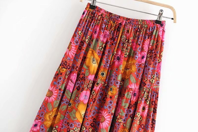 Women's Bohemian Styled Pink Flower Long Skirt | S-L