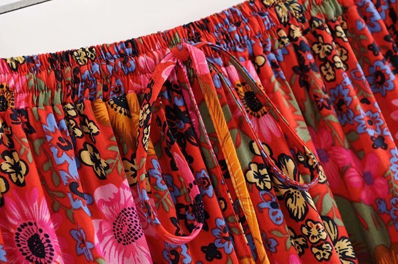 Women's Bohemian Styled Pink Flower Long Skirt | S-L