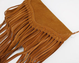 Gypsy Styled Genuine Leather Suede Fringed Crossbody Bag