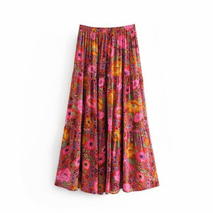 Women's Bohemian Styled Pink Flower Long Skirt | S-L