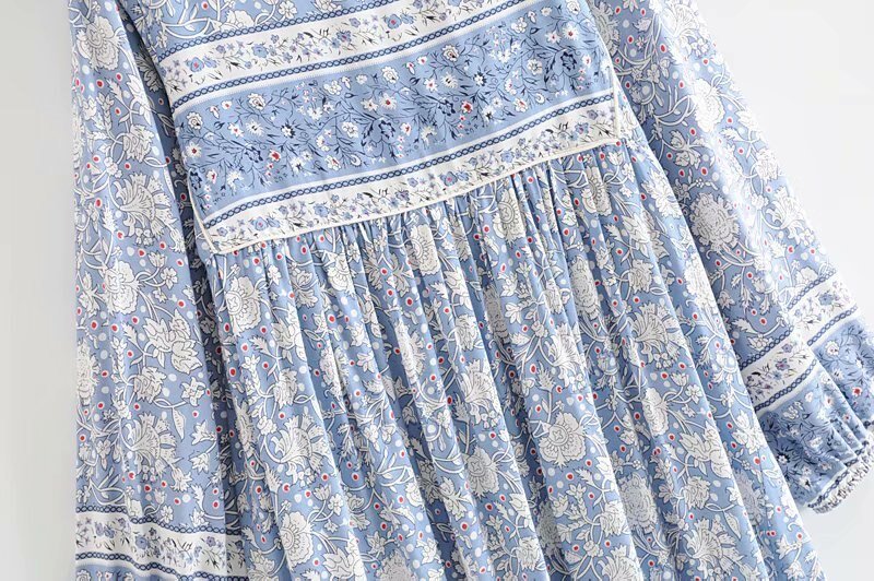 Light Blue Floral Vintage Styled Dress | Tassels + V-Neck | S-L