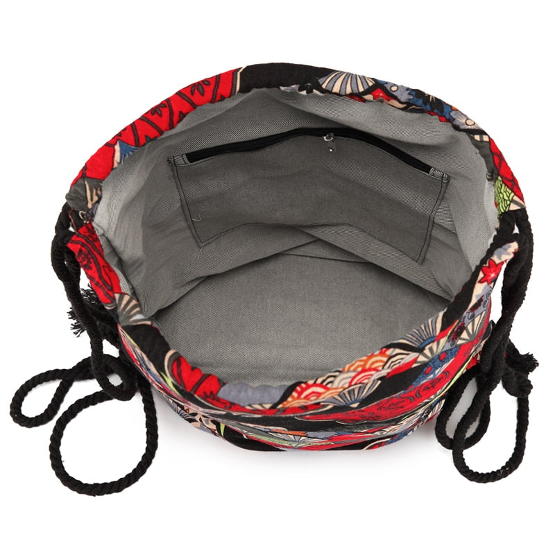 Large Vintage Hippie Styled Drawstring Canvas Backpack