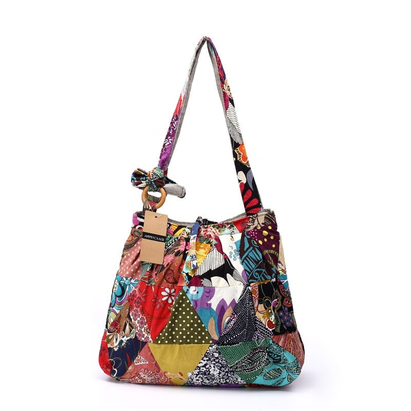Large Cotton Patchwork Adjustable Shoulder Bag