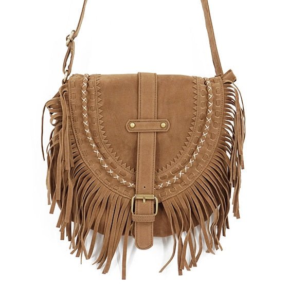 Women's Hippy Styled Fringed Messenger Bag - Faux Suede