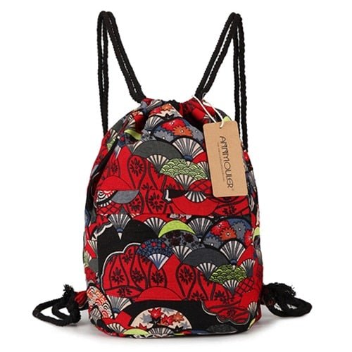 Large Vintage Hippie Styled Drawstring Canvas Backpack The