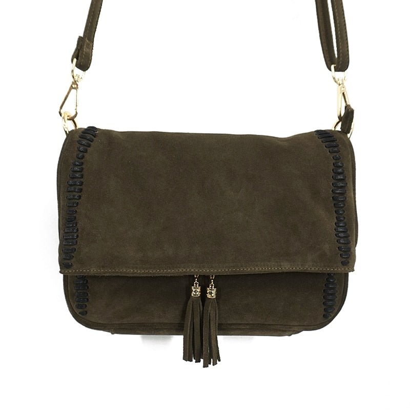 Genuine Leather Nubuck Loop Fringed Side Shoulder Bag - 2 Colours Available