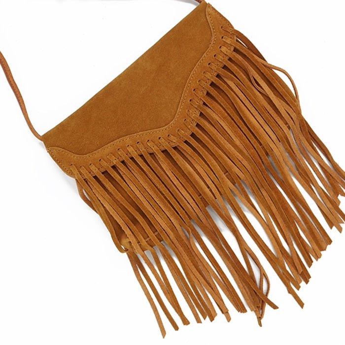 Gypsy Styled Genuine Leather Suede Fringed Crossbody Bag