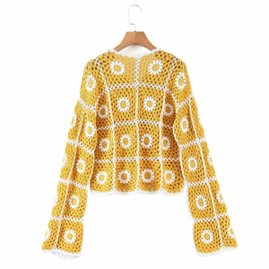 Women's Yellow Summer Floral Hollowed Out Jacket | Free Size