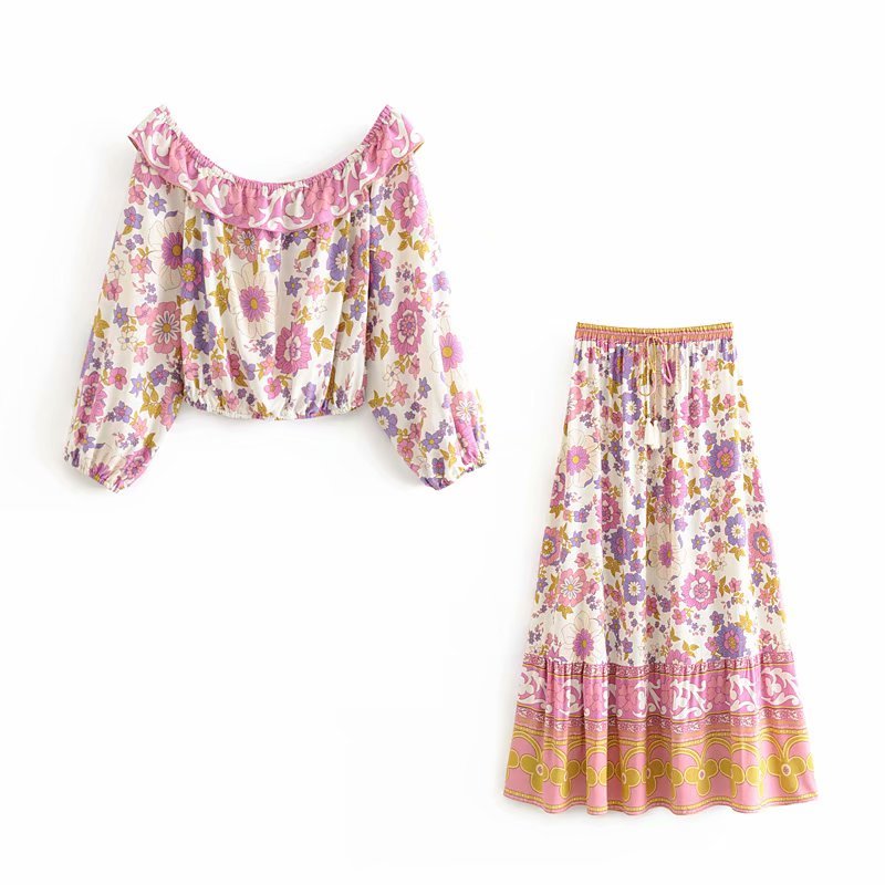 Women's Pink Floral Boho Two Piece Outfit | Ruffles Long Sleeve Top + Waist Skirts | S-L