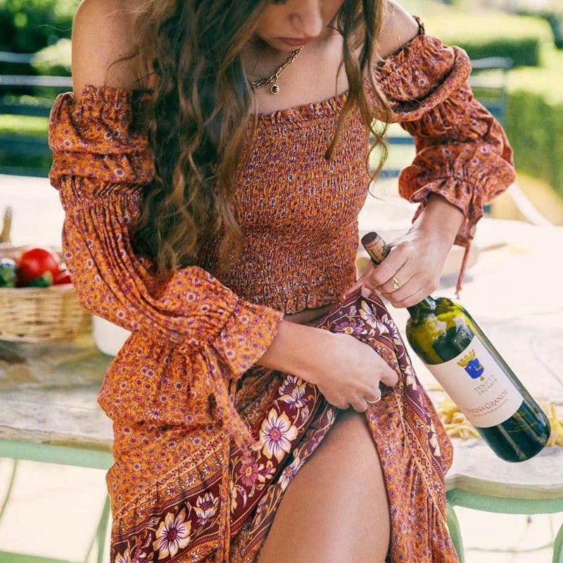 Off Shoulder Boho Top | Long Sleeves | Red + Blue | S-L