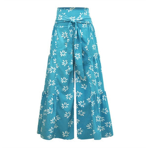 Women's Hippie Waist High Flare Pants | Blue Flower Design | S-XL