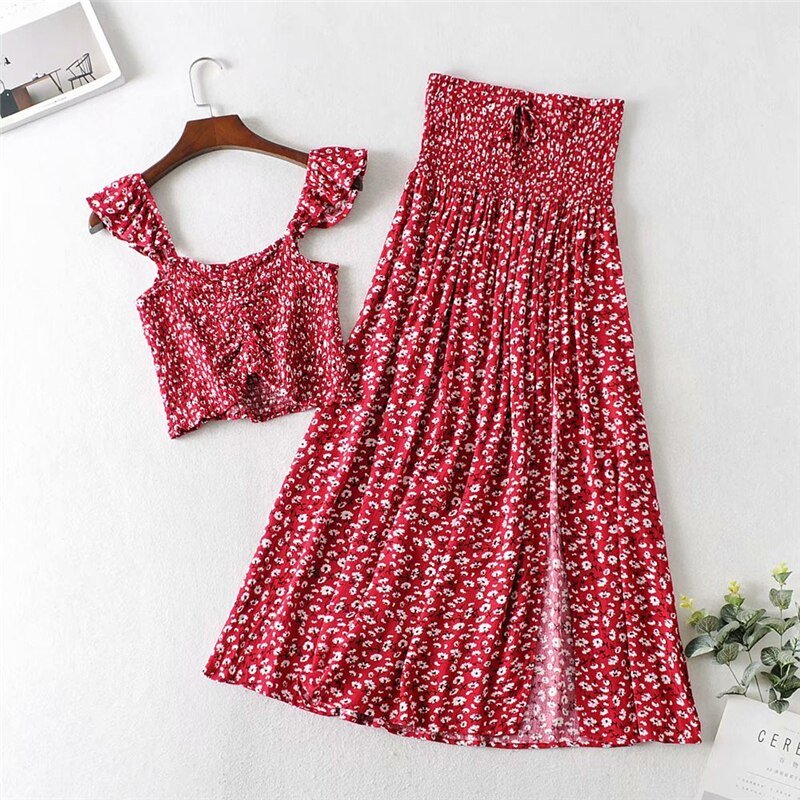 Women's Red Boho Two Piece Outfit | Sleeveless Top + Bohemian Dress | S-L