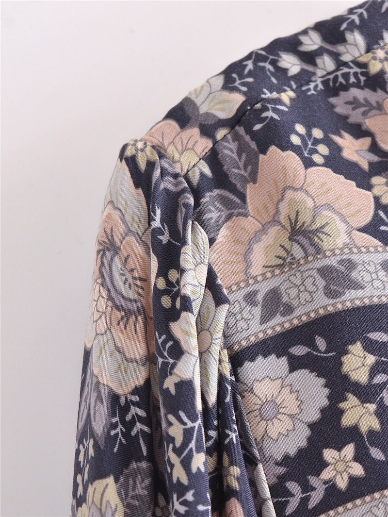 Grey Floral Vintage Styled Dress | Tassels + V-Neck | S-L