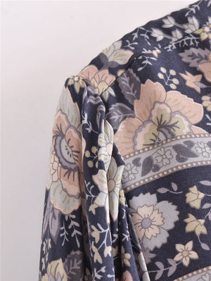 Grey Floral Vintage Styled Dress | Tassels + V-Neck | S-L