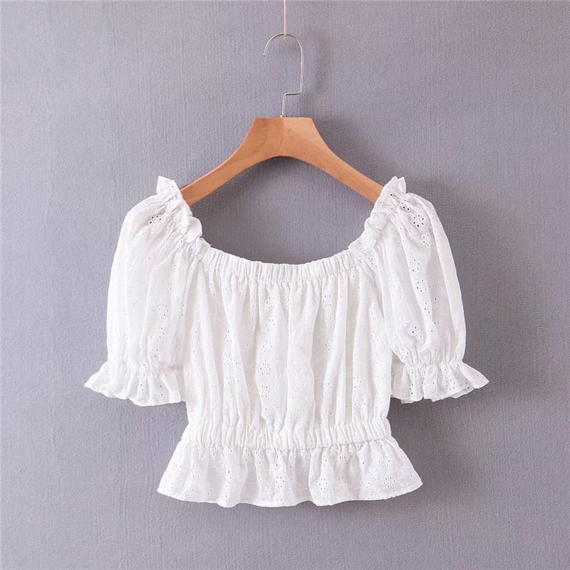 Women's White Festival Two Piece Outfit | Off Shoulder Short Sleeve Top + Bohemian Lace Mini Skirts | S-L