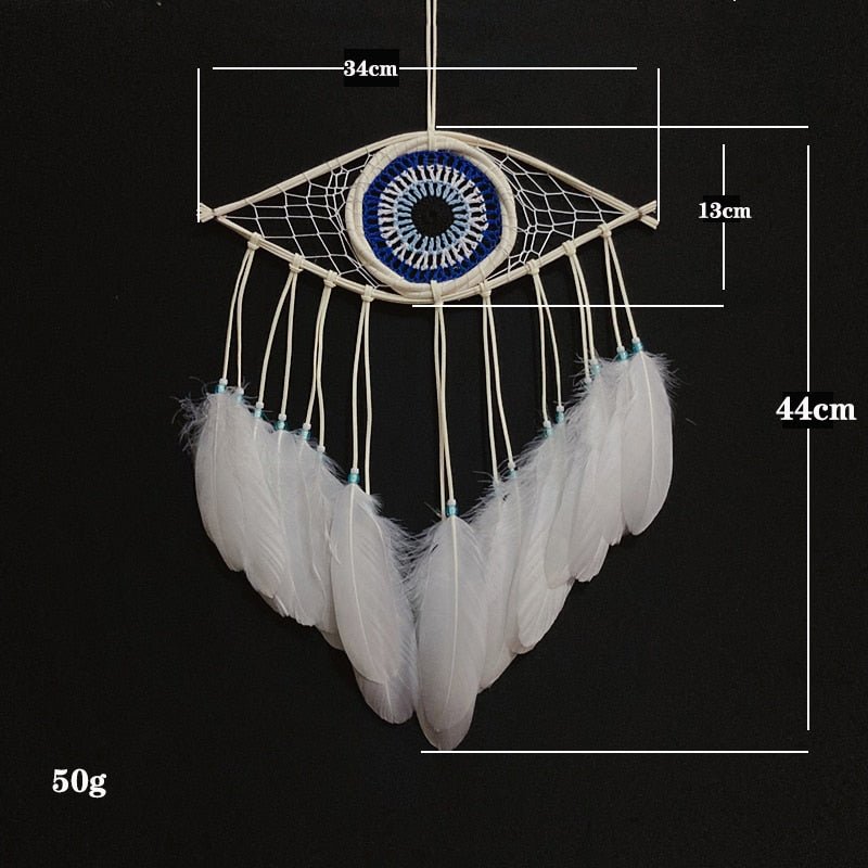 Mini White Evil Eye Bohemian Styled Dream Catcher With White Feathers