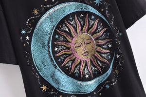 Women's Cotton Hippie Moon And Sun T-shirt | O-Neck Design | S-L