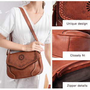 Leather Crossbody Bag With Hippie Styled Flower