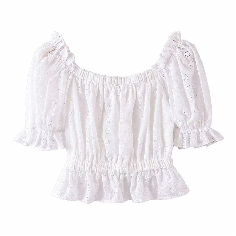 Women's White Festival Two Piece Outfit | Off Shoulder Short Sleeve Top + Bohemian Lace Mini Skirts | S-L