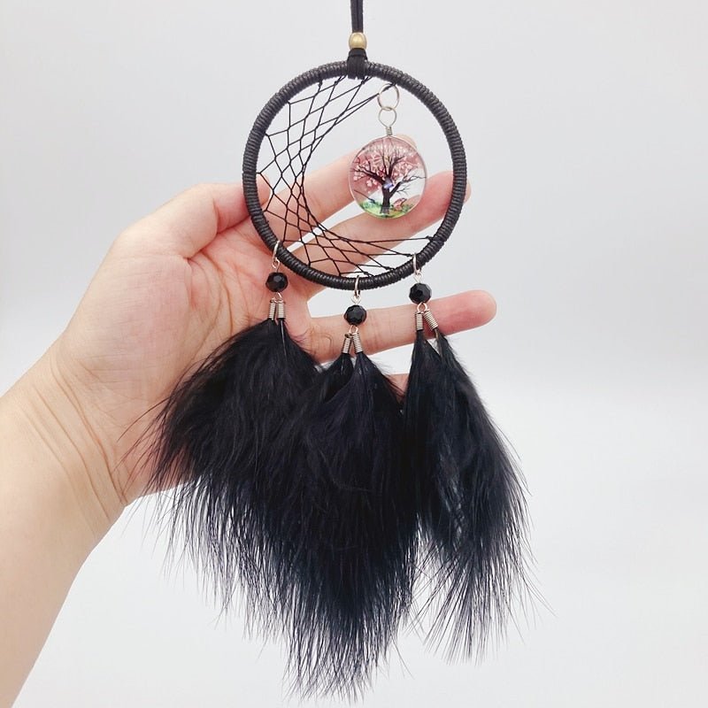 Small Black Feathered Dream Catcher With Pink Tree Design