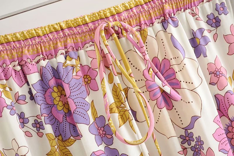 Women's Pink Floral Boho Two Piece Outfit | Ruffles Long Sleeve Top + Waist Skirts | S-L