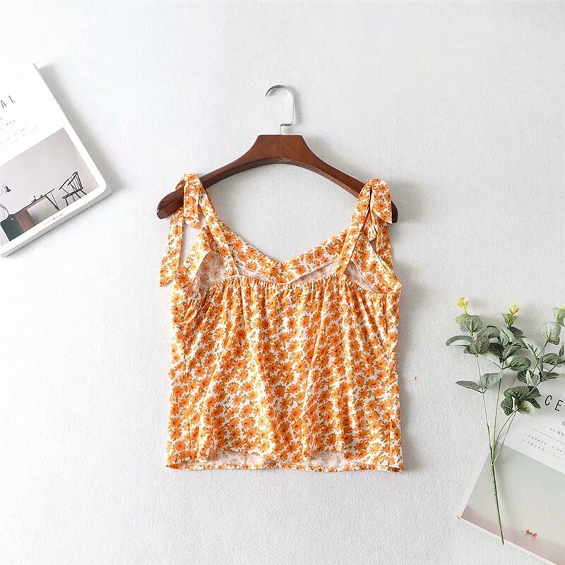 Women's Orange Floral Two Piece Suit | Sleeveless Top + Mini Skirts | S-L