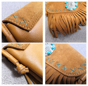 Genuine Leather Bohemian Gypsy Styled Handbag With Aqua Stones