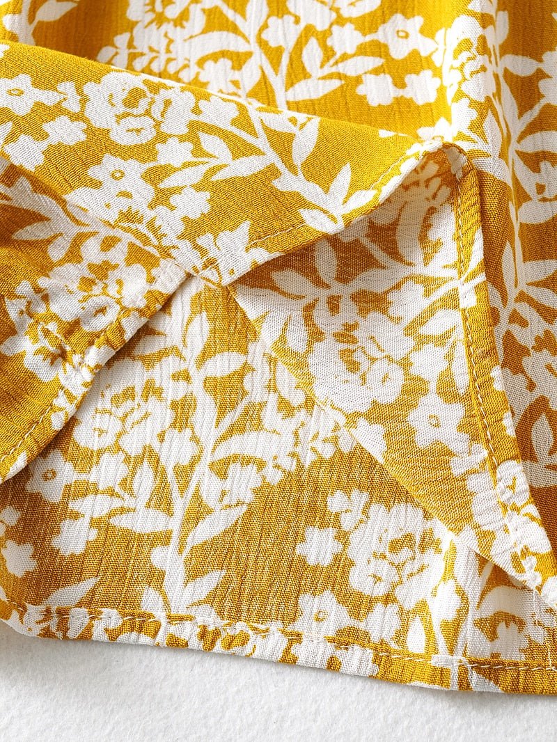 Women's Full Length Yellow Floral Printed Boho Jumpsuit | Short Sleeve + V-neck | S-L