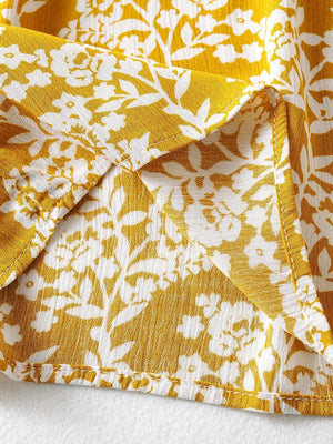 Women's Full Length Yellow Floral Printed Boho Jumpsuit | Short Sleeve + V-neck | S-L