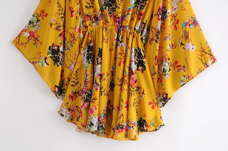 Women's Yellow Batwing Boho Dress | Deep V-Neck | S-L