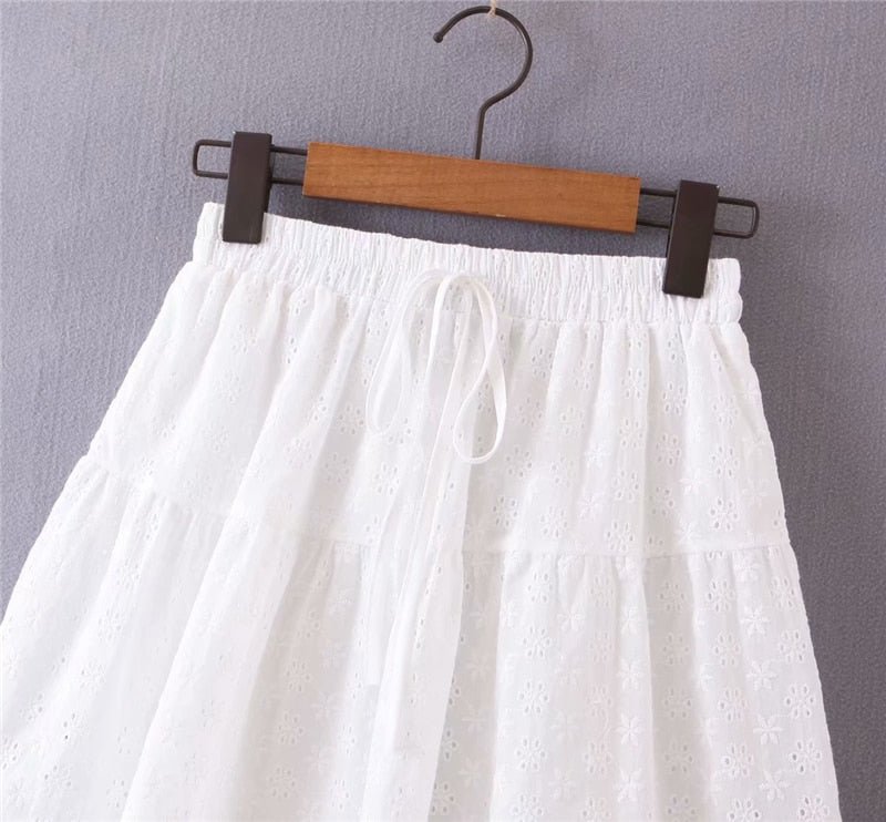 Women's White Festival Two Piece Outfit | Off Shoulder Short Sleeve Top + Bohemian Lace Mini Skirts | S-L