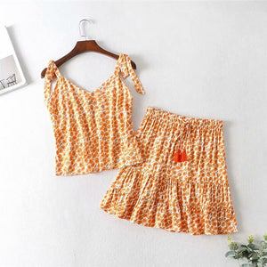 Women's Orange Floral Two Piece Suit | Sleeveless Top + Mini Skirts | S-L